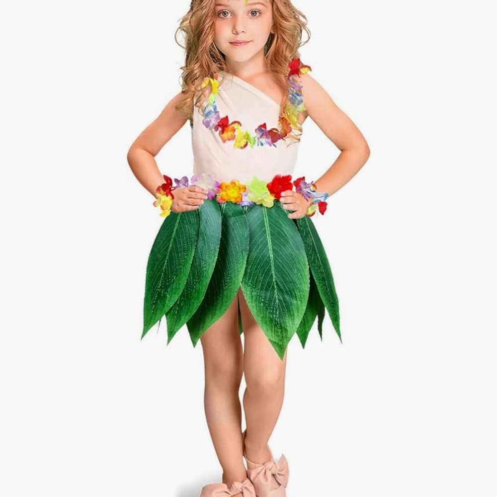 Set of four: hula girl leaf skirts and sunglasses for girls.